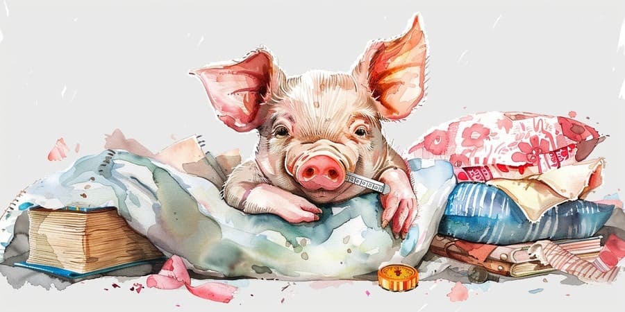 Ein Schweinchen auf Kissen mit Fieberthermometer in der Schnauze.