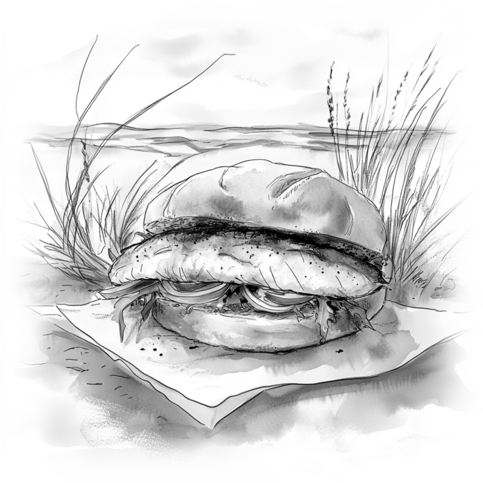 Zu sehen ist ein leckeres Fischbrötchen auf einem Blatt Papier am Ostseestrand.